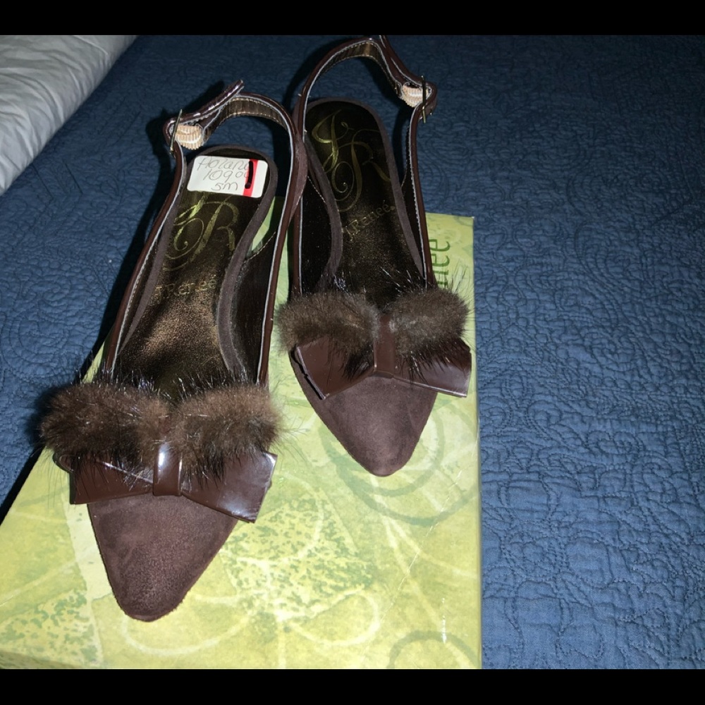 Brown Suede Slingback with Mink & Leather Bow